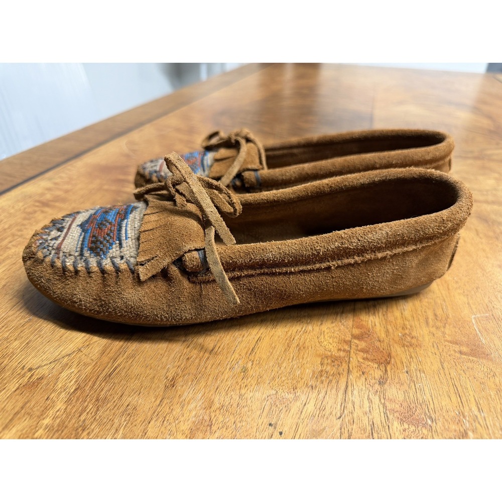 Vtg Minnetonka Moccasins Women's 8 Suede Tapestry Boho Aztec Slip On Shoes - Picture 3 of 6